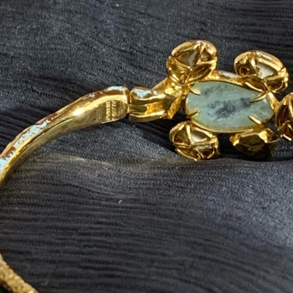 ALEXIS BITTAR NEW Gold Aqua Stone Crystals Byzantine Flower Hook Bangle Bracelet
